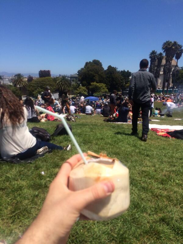 LEDpresents's tweet photo. #LEDSF @MossbergPump takeover:
Here's me drinking rum out of a coconut in the park. I'm on at 3:45 PM today! #LEDj http://t.co/tfNwi8sGtj