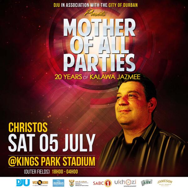 DJUSAMC's tweet photo. Mother of all parties. Kings Park Stadium, 5 July @djchristossa . Tickets available at Computicket #MOAP2014 http://t.co/DmZMREcWoW