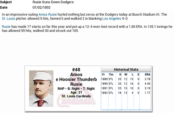 MLHistReplay's tweet photo. #ootp14 #MLHR ERA leader Amos Rusie starts off second half hot with shutout of Dodgers http://t.co/29GXsZuAVW