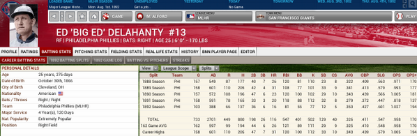 MLHistReplay's tweet photo. As of August 1st, Phils' Ed Delahanty leads the NL in Avg, OBP, SLG, OPS, 2B, 3B, and RBI... wow! #ootp14 #MLHR http://t.co/q9WsBiCApj
