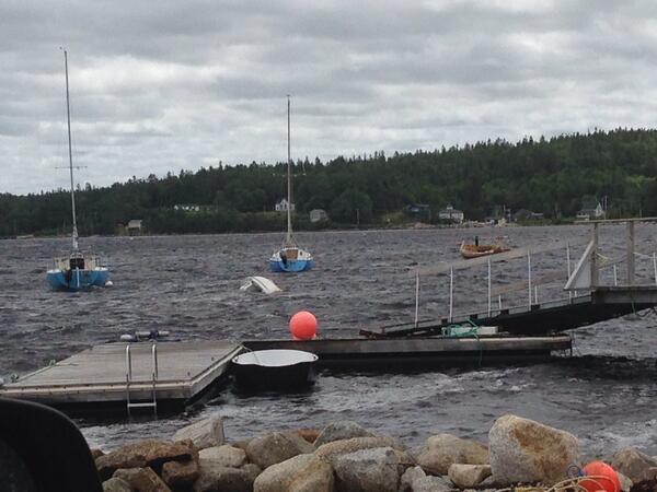 shnicholson's tweet image. Damage from Arthur in #Hubbards. A boat turtled and a tree downed a line on Fox Point Front Road. #blamearthur #ns