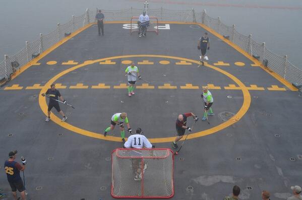 BetalyticsInc's tweet photo. A naval ship is touring #Canada hosting ball hockey games on deck to raise money for .@fiveholeforfood. Awesome!!!! http://t.co/xJbmb66611