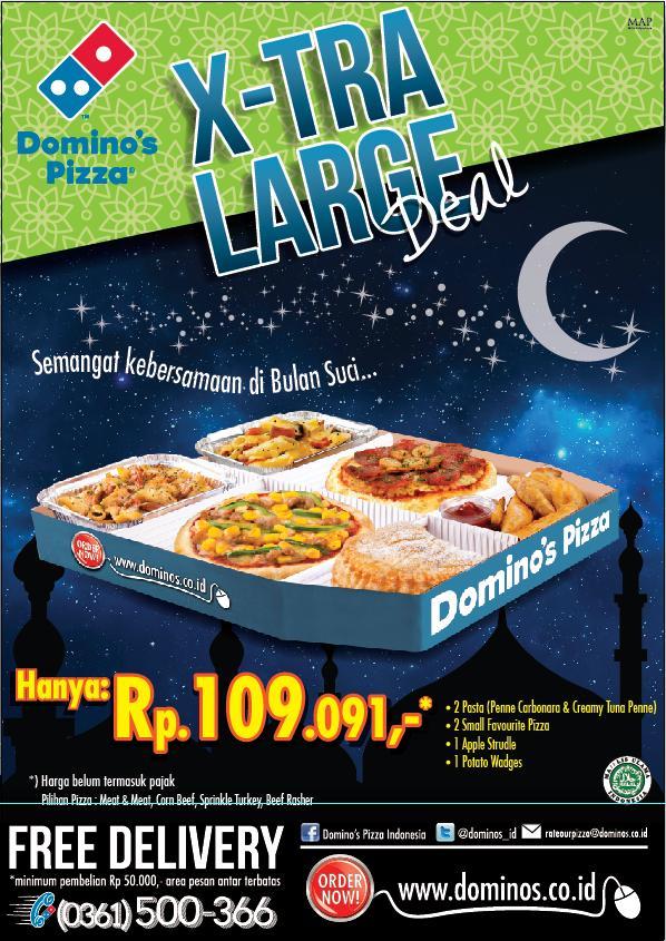 dominos_id's tweet photo. Menu cepet lengkap BUKA PUASA dengan 'X-tra Large Deal' 2 small pizza, 2 pasta, 1 side &amp; dessert CUMA 100rb-an http://t.co/MJbcuP13yh