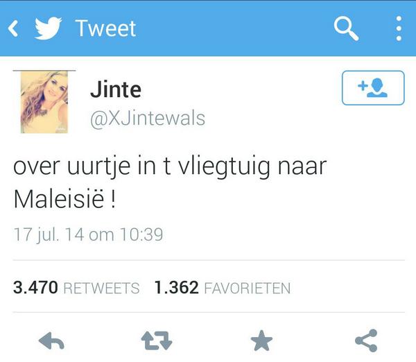 runoutofhell's tweet photo. Het zal je laatste tweet maar zijn.... Sterkte aan de nabestaanden van @XJintewals ! #MH17 http://t.co/EB8WixSFXH