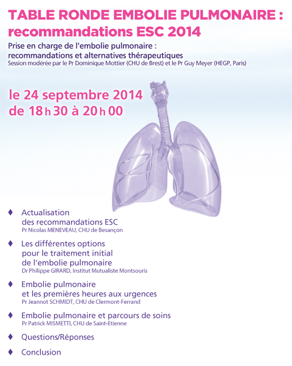 edirect_tv's tweet photo. Table ronde embolie pulmonaire : reco ESC 2014, le 24 septembre à 18h30, inscription : http://t.co/SXHP1l1BJl http://t.co/pVwy1FTEfL
