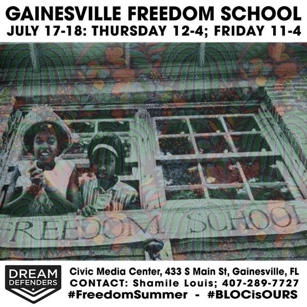 Dreamdefenders's tweet photo. Day 2 of #Gainesville/#Alachua #FreedomSchool 1-4 - don't miss it. Follow @UF_DDOD &amp; @worthaMille. #blocisours http://t.co/Gb3B3Golbw