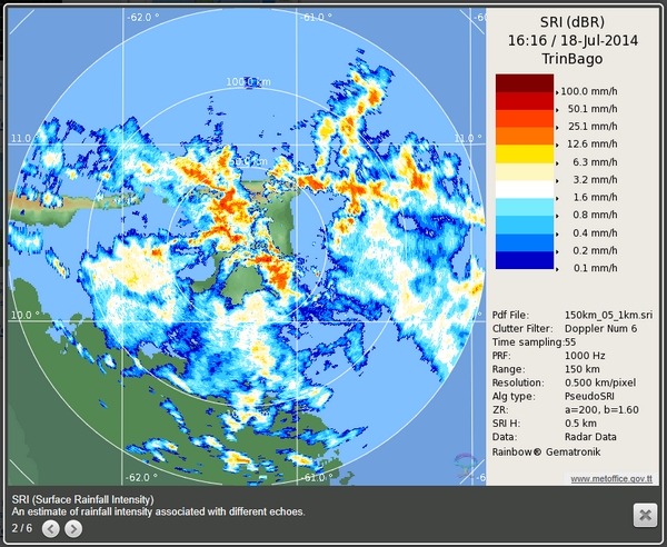 TTMetOffice's tweet photo. The latest radar image shows heavy showers over large swathes of #Trinidad &amp; #Tobago #weather http://t.co/9liNARH6NP