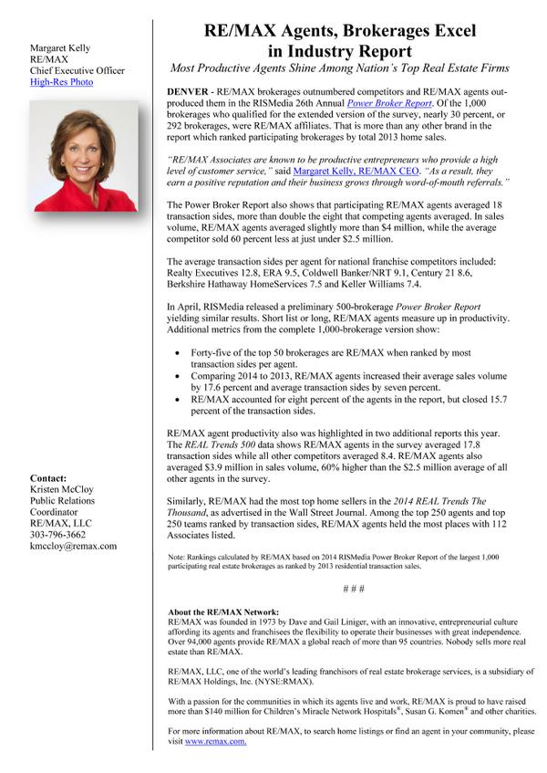 RE/MAX Agents, Brokerages Excel in Industry Report Most Productive Agents Shine Among Nation’s Top Real Estate Firms