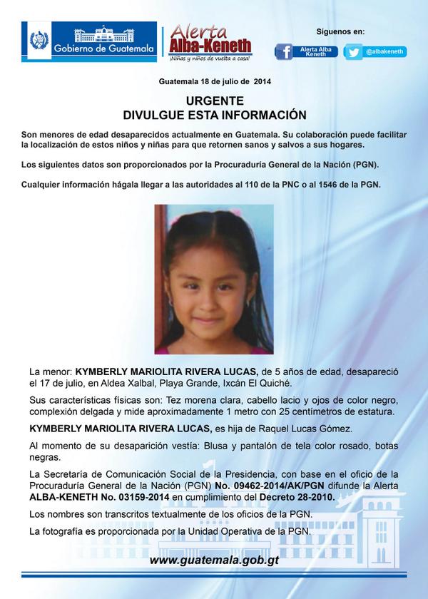 KYMBERLY MARIOLITA RIVERA LUCAS, de 5 años de edad, desapareció en Aldea Xalbal, Playa Grande, Ixcán El Quiché.