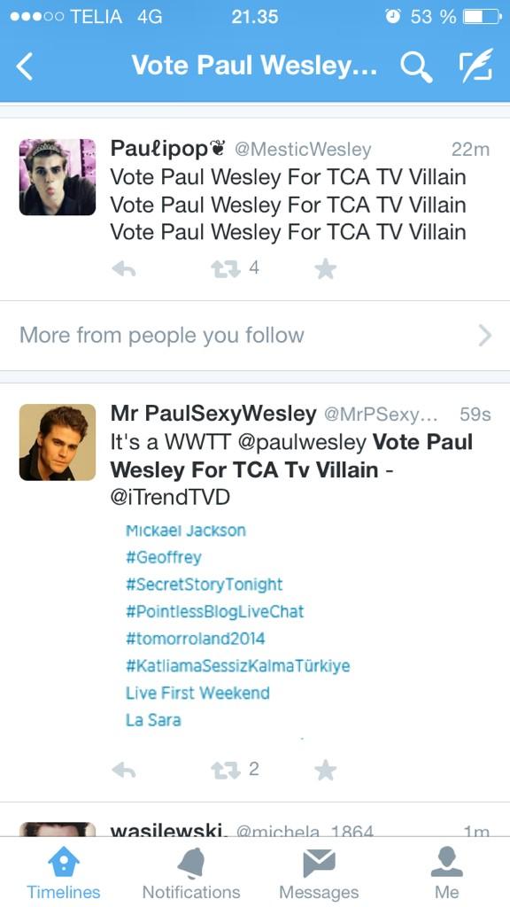 "Vote Paul Wesley For TCA TV Villain" is trending in Denmark and worldwide, <a href="/paulwesley/">Paul Wesley</a>.
