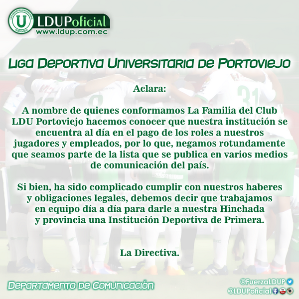 LDUPoficial's tweet photo. Club Liga Deportiva Universitaria de Portoviejo a nuestra Hinchada, prensa deportiva y a quién interese: http://t.co/xRK4LCP4dj