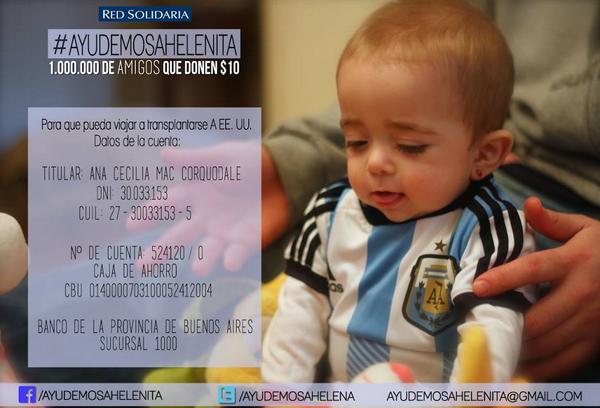 ayudemosahelena's tweet photo. Campaña 1 millón de amigos que donen $10. Vamos que se puede!!! #AyudemosaHelenita http://t.co/6EHeI9T5Gj