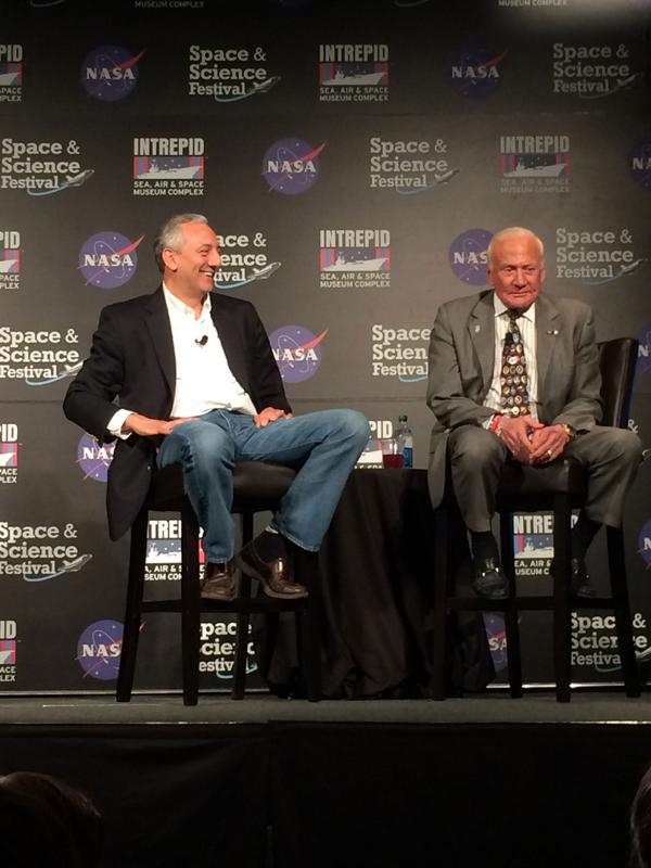 NASA's tweet image. .@Astro_Mike &amp;amp; @TheRealBuzz talk #Apollo45 &amp;amp; @NASA&apos;s #NextGiantLeap @IntrepidMuseum during the #SpaceScienceFestival