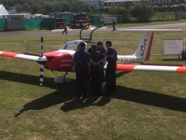 Beginning Day 6 at <a href="/FIAFarnborough/">Farnborough Airshow</a> First day of poor weather. 2FTS gliding display near meeting point 7