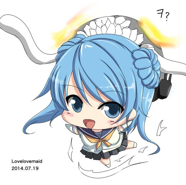 urakaze (kancolle) 1girl blue hair hair bun double bun blue eyes chibi neckerchief  illustration images