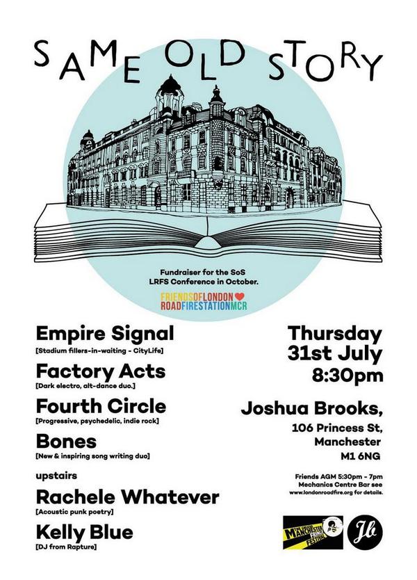 <a href="/MM_newsonline/">Mancunian Matters</a> <a href="/GMFringe/">Greater Manchester Fringe</a> <a href="/weareBones/">Bones</a> <a href="/empiresignal/">Empire Signal</a> @FactoryActs <a href="/fourth_circle/">The Fourth Circle</a> <a href="/JoshuaBrooksMCR/">Joshua Brooks</a> 31 Jul £5 door ♡LRFS