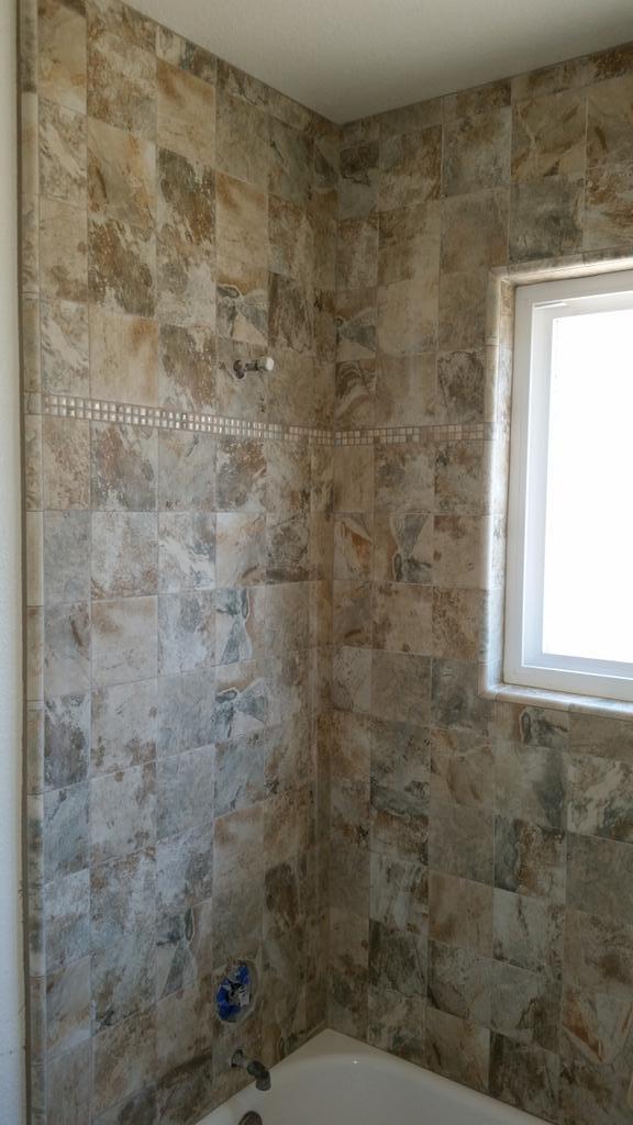 acetile's tweet image. Bathroom remodel. All floor in the house wood tile plank. #tile #modesto