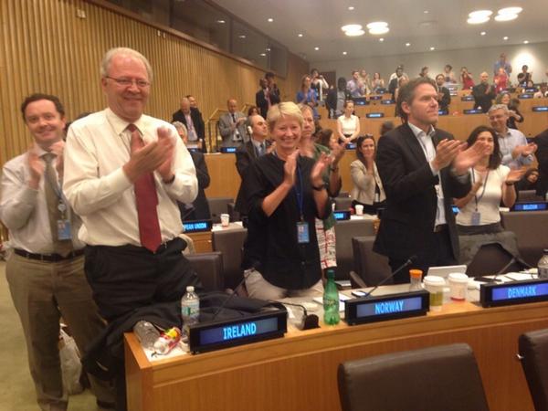 NorwayUN's tweet photo. Great day @UN!#OWG report on #SustDevGoals adopted by acclamation. Thank U @Denmark_UN & @irishmissionun! Dream team! http://t.co/P9uJvDgKye