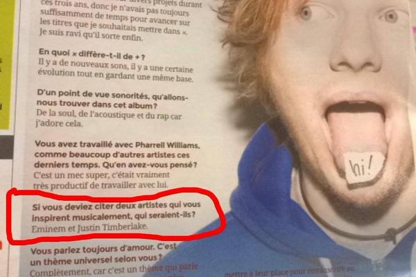 EmineminfosFR's tweet photo. Question à Ed Sheeran : Si vous deviez citer deux artistes qui vous inspirent musicalement, qui seraient-ils ? http://t.co/iIn0JXl2Ig