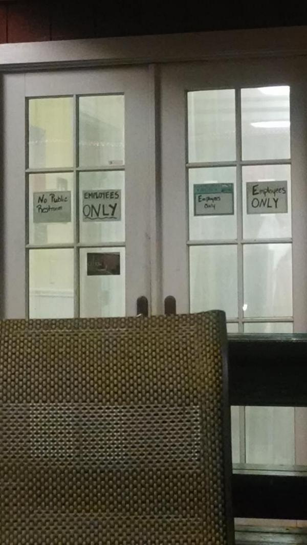 KE_White's tweet photo. Me: "Do you think only employees are allowed there?"
@kaychoobz : "No it clearly says employees only" http://t.co/w6S52jQ7lD