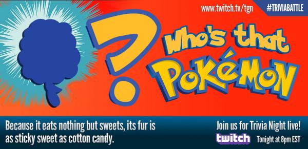 tgnTV's tweet image. Who's that #Pokemon?! Last one before we go live with Trivia Night in an hour (8pm EST)!  #TriviaBattle