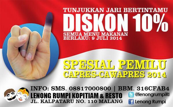 habis nyoblos ke <a href="/lenongrumpiRI/">LENONGRUMPI KOPITOWN</a> tunjukin jari bertintamu dapet special price lho... :)