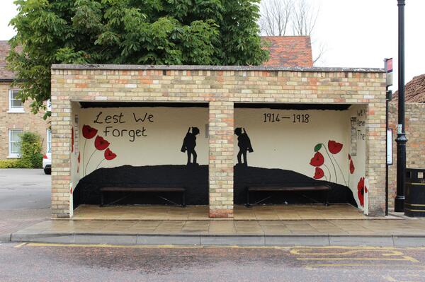 Bus shelter in Chatteris with WW1 mural, art work on shelter carried out by Chatteris in Bloom. Good luck for today.