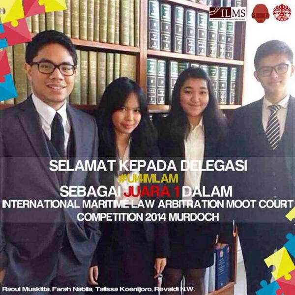 Selamat sekali lagi kpd delegasi #UI4IMLAM  yang telah berhasil meraih juara 1 dalam IMLAM 2014 #FHUIBangga