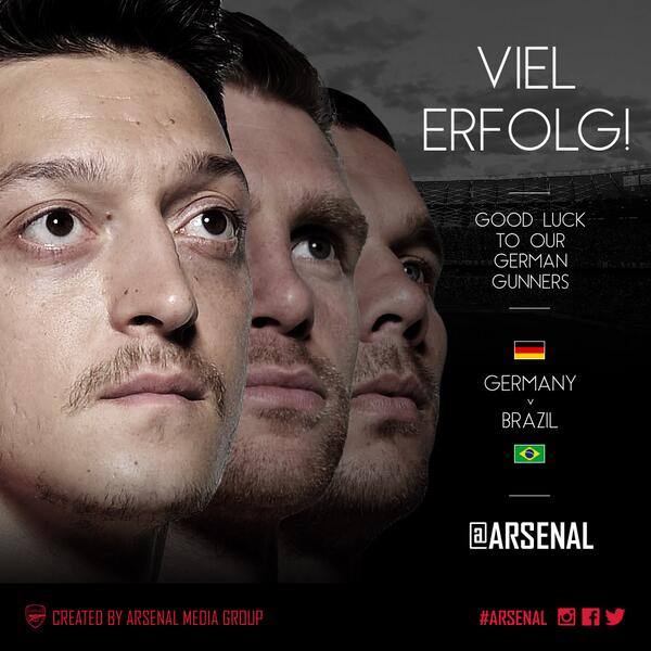 Arsenal's tweet photo. One step from the #WorldCup final: @MesutOzil1088 @mertesacker @Podolski10 #GER #BRA http://t.co/3S6o1DwK4w