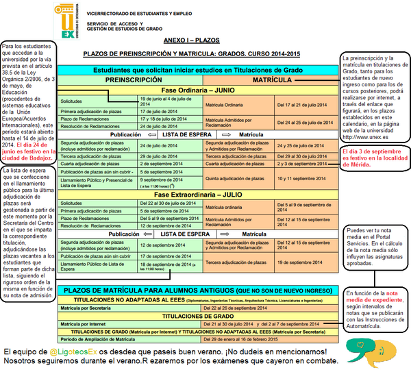 LigoteosEx's tweet photo. PLAZOS DE PREINSCRIPCIÓN Y MATRICULA EN LA UEX 2014/2015

RT para difundir: http://t.co/L3dRshsFxa