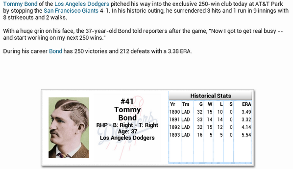 MLHistReplay's tweet photo. Bond is first to reach 250 wins #ootp14 #MLHR http://t.co/e3lnJuZB9z