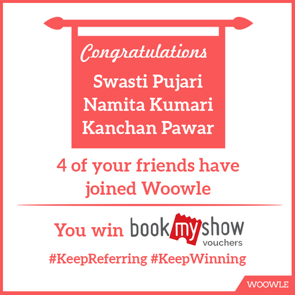 WoowleIt's tweet photo. *DrumRolls* 
Congratulations, you win BookMyshow vouchers! #KeepReffering #KeepWinning http://t.co/OwxxrfFNjB