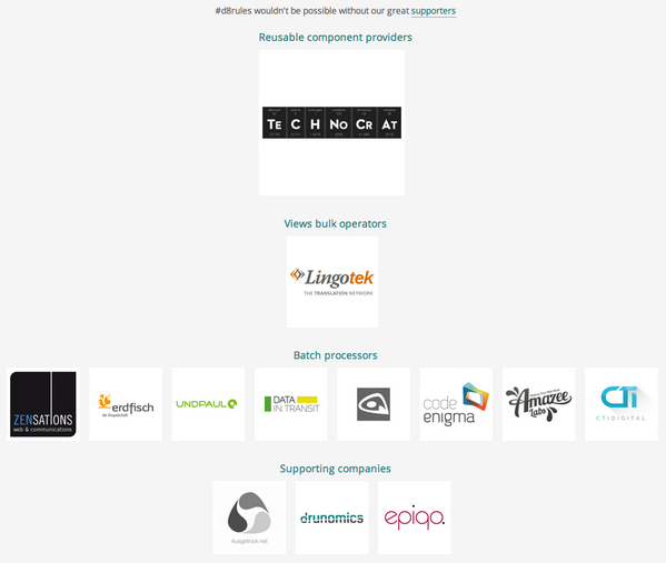 d8rules's tweet photo. Thanks to all the great #d8rules sponsors! Together with the @drupalfund you are making Milestone 1 happen! http://t.co/DAiHdjaqjX