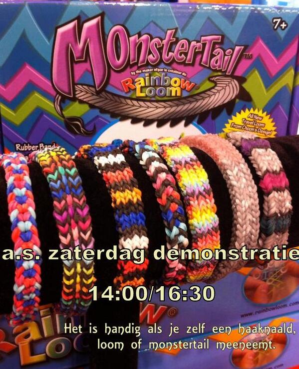 zaterdag 14:00/16:30 WORKSHOP RainbowLoom armbandjes. Vergeet niet je haaknaald, monstertail of loom mee te nemen!