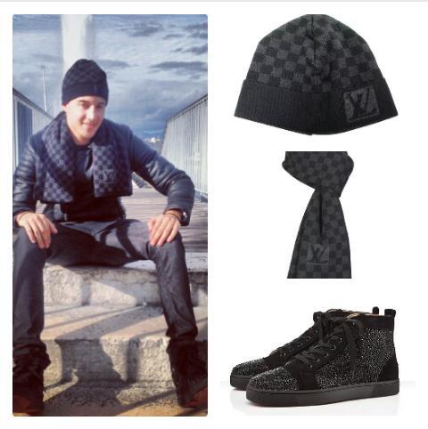 Tarek Look ♡ on X: Tarek porte un bonnet noir et une écharpe noire Louis  Vuitton et des sneackers noires Louboutin  / X