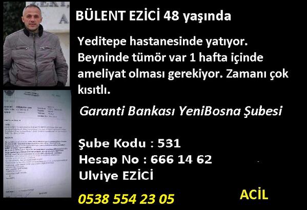 BÜLENT EZİCİ  1 hafta içinde ameliyat olması gerek. Zamanı kısıtlı. DURUM ACİL. kayipgonulluleri.com/ads/bulent-ezi…  aracılığıyla