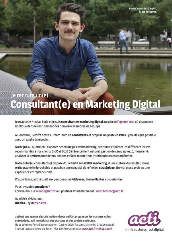 L'agence <a href="/acti/">Agence digitale acti</a> recrute un(e) Consultant(e) en Marketing Digital #CDI #Lyon :) PDF : bit.ly/VEtoy4 #PleaseRT