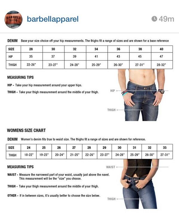 Barbell Jeans Size Chart