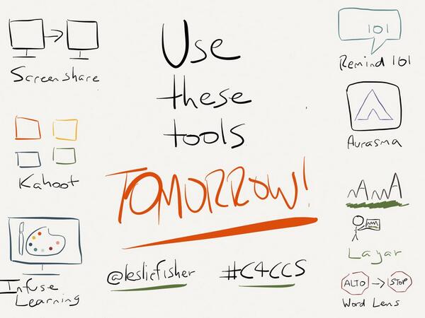 jmattmiller's tweet photo. @lesliefisher says ...
Use these tools TOMORROW!
#c4ccs #inelearn http://t.co/XGUr3ijLYV