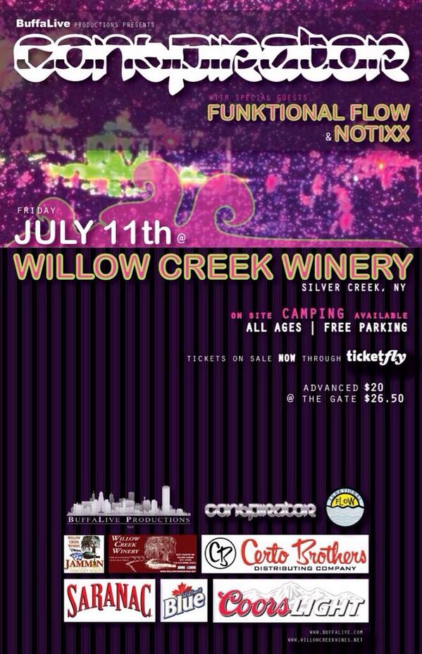 BuffaLive's tweet photo. RETWEET to WIN 2 FREE Tix 2 @_Conspirator_ this Friday JULY 11 @WCWines #SilverCreekNY @notixx http://t.co/XkinDZNs9Q http://t.co/J5OYYvRbvh