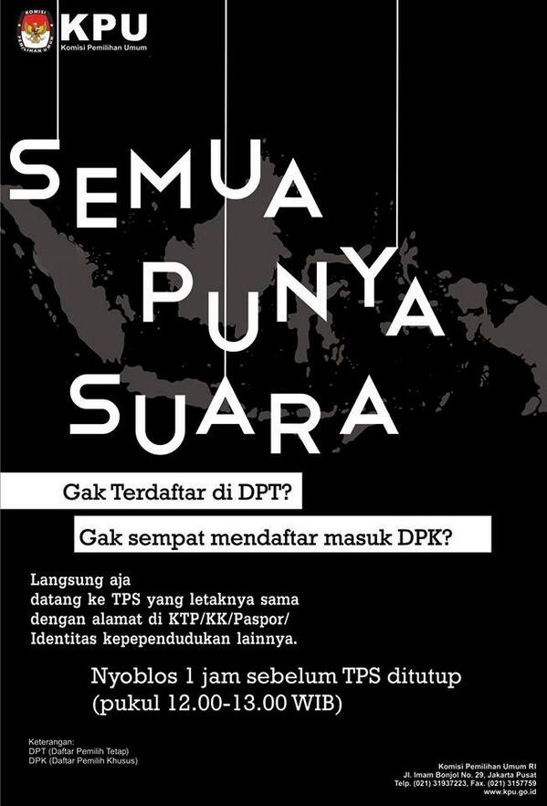 Bagi yang tidak terdaftar, besok masih bisa nyoblos di TPS di lokasi alamat KTP/KK/Paspor. Tetap gunakan hak pilih!