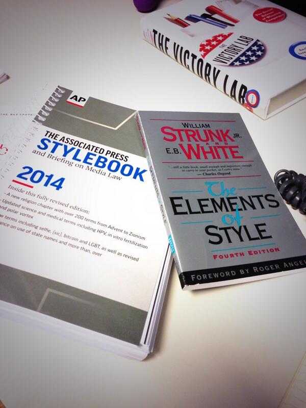 eliseparramore's tweet image. Essentials for writers. Just got the 2014 @APStylebook. It was time to update. #strunkandwhite #apstyle