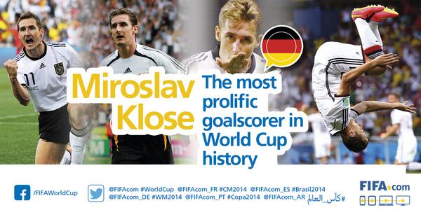FIFAWorldCup's tweet image. GOAL: #BRA 0-2 #GER Miroslav Klose scores his record #worldcup goal #BRAGER – fifa.to/1zn0JwW