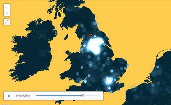 LeTour's tweet photo. .@letouryorkshire, look at the @twitter heat map of the 2 first stages of @letour !!! > http://t.co/if3i7acXFR http://t.co/nVpJDCsH7G