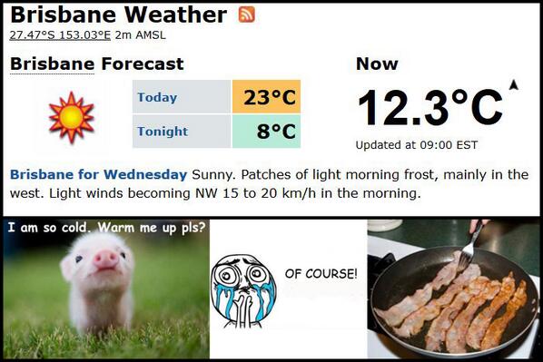 Strongguard's tweet image. A wee bit chilly of late, another cold start today #Brisbane #weather (courtesy of bacon &amp;amp; weathzone.com.au)