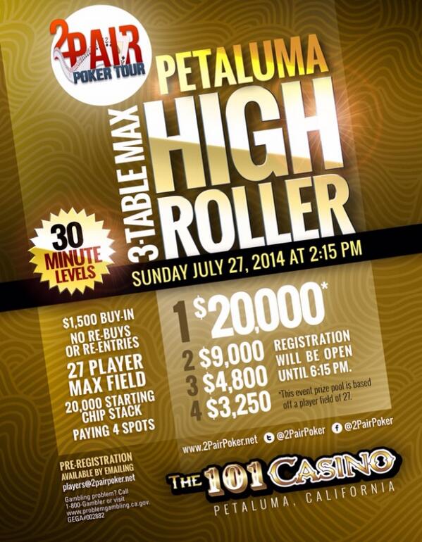 2PairPoker's tweet photo. UPDATED!! 2Pair Poker HIGH ROLLER  @the101casino July 27, 2014 2:15 PM. Pre-Reg now. 1-day event. @2PairLIVE stream! http://t.co/CDvwuhCIO5
