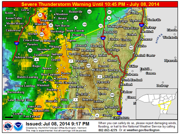 NWSBurlington's tweet image. Tuesday 09:49 PM- Severe Thunderstorm Warning Issued for part of the area. See image for more details.