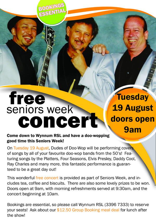 WynnumRSL's tweet photo. Free Seniors Concert. Tuesday 19 August from 9am. Bookings essential! Call 33967333 &amp; reserve your seat. See u there! http://t.co/cTDPxrUNgx