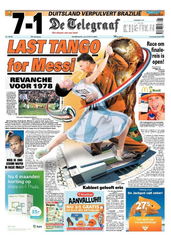 _Enck's tweet photo. LAST TANGO voor Messi. Toch iedere keer weer een verrassing, die voorpagina van De Telegraaf #nedarg http://t.co/JfmOKXfYZa