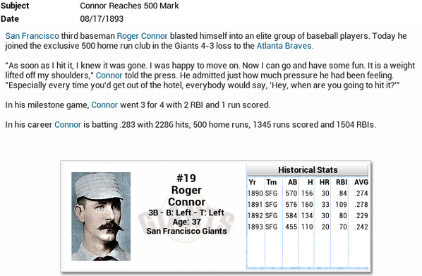 MLHistReplay's tweet photo. Connor is 2nd player to reach 500 despite 4-3 loss to Braves. #ootp14 #MLHR http://t.co/fJ5NvlNKo8